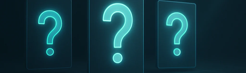 Futuristic glowing cyan question marks on dark casino background