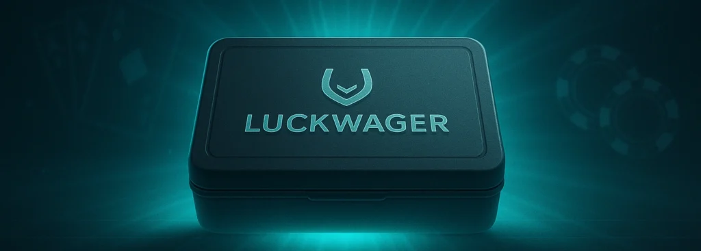 LuckWager casino case glowing with cyan light and casino tokens in background
