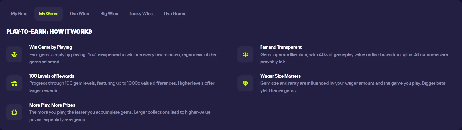 Luck.io play-to-earn Gems view