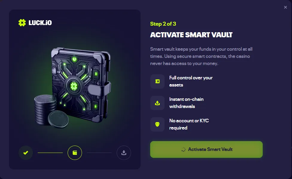 Luck.io wallet activation screen with direct Solana connect